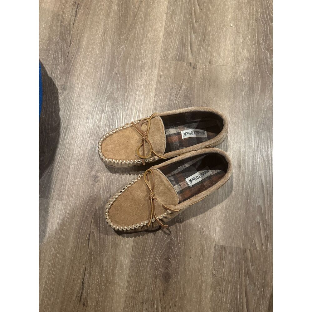 Minnetonka Men's Size 12 Tan Suede Moccasins Loafers Plaid Lined Brown